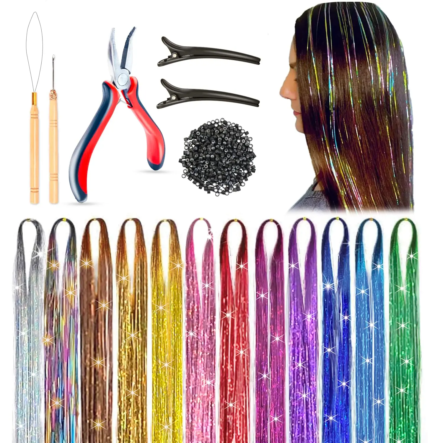 Glitter Hair Tinsel Extensions Kit for Women, 2880 Strands in 12 Colors, 48-Inch Heat-Resistant Polyester Rainbow Blend Accessories with Tools, Beads & 2 Hair Tinsel Clips, Glamour, Synthetic, One Plier