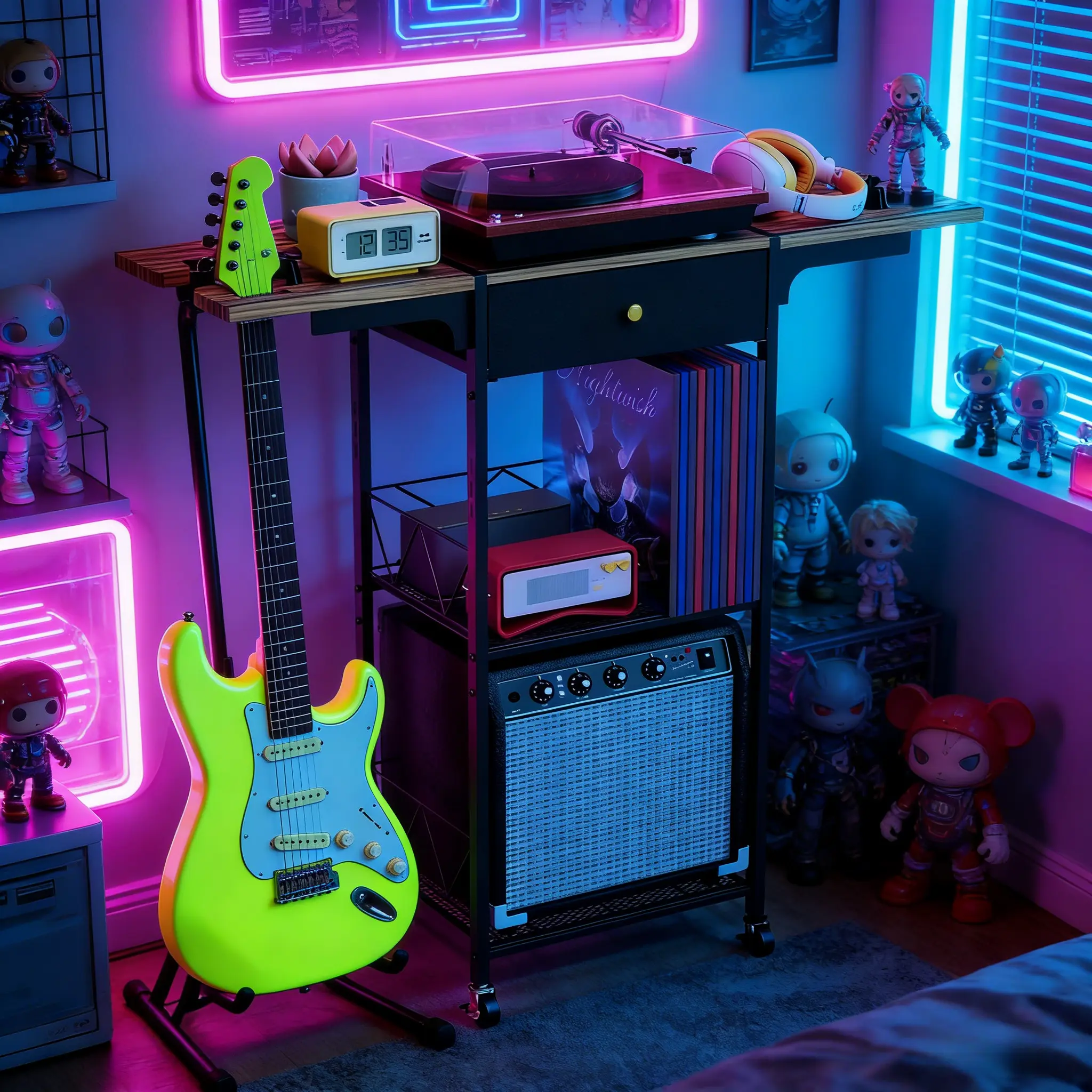 SICANDAENHK Multiple Guitar Rack - 3-Tier Rectangle Metal Rolling Rack, 2-Layer Amplifier Shelf, Drawer, Lockable Wheels, Durable Home Organizer for Minimalist Music Rooms, Guitar Stands Floor, Racks & Displays