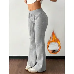 Casual low waisted drawstring waist elastic sports pants flared pants sports pants thermal lining composite velvet suitable for autumn and winter with raincoat