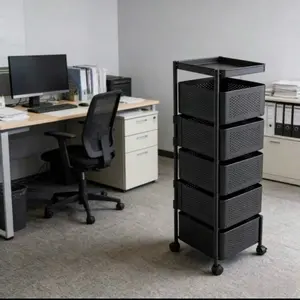 5-Layer Black Rotating Storage Rack with Wheels - Multi-Functional Office Trolley Cabinet, Suitable for Offices, Kitchens