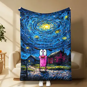 Countdown Sale! Van Gogh-Style Starry Night courage the cowardly dog Fuzzy Flannel Throw Blanket for Couch Bed Sofa Bedroom,Travel Lightweight Cozy Home for Relaxing Super Soft Suitable for all four seasons A gift suitable for fans, friends and children