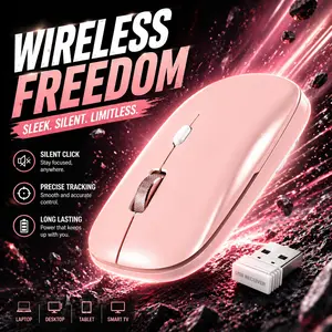 SummerVibes Cimetech Wireless Flat Mouse, 2.4G Optical Mouse for Laptop, PC, Chromebook, Notebook, Especially Designed for Computer Bags (Pink)