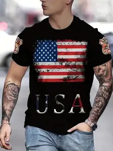 Men's Usa Flag Print T-Shirt, Casual Top, Patriotic Eagle and Flag Badge, Sporty Slim-Fit Design
