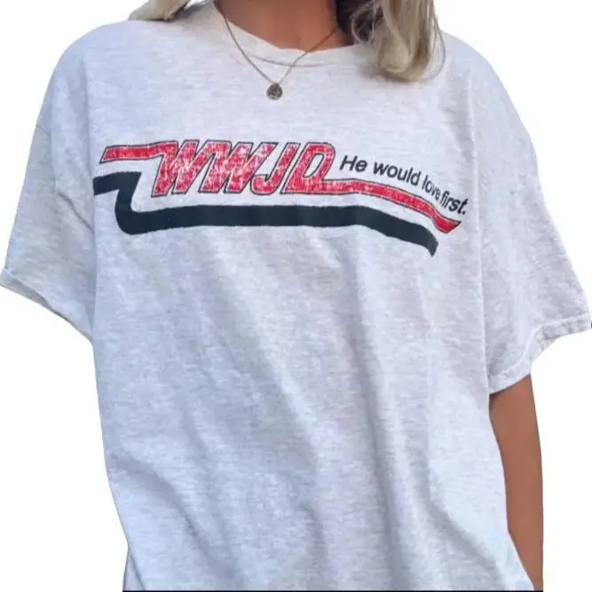 WWJD He Would Love First Christian Graphic T-shirt, "We love, because He first loved us". - 1 John 4:19, Jesus Shirt, Faith Tee, Religious Tee, Crew Neck TShirt, Streetwear Short Sleeve T-shirt, Menswear Womenswear Top