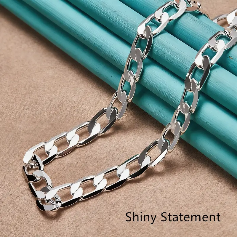 1pc 925 Silver-Plated Figaro Statement Necklace - 8mm Wide, 50cm-65cm, High-Quality Craft, Fashionable Jewelry for Gift Giving, Male & Female Enthusiasts