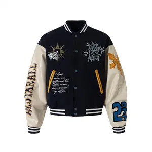 Inflation Unisex Cropped Boxy High-Fashion Embroidered Baseball Jacket  Men's Fall Winter Color-Block Spliced PU Leather Sleeve Design Coat Street wear