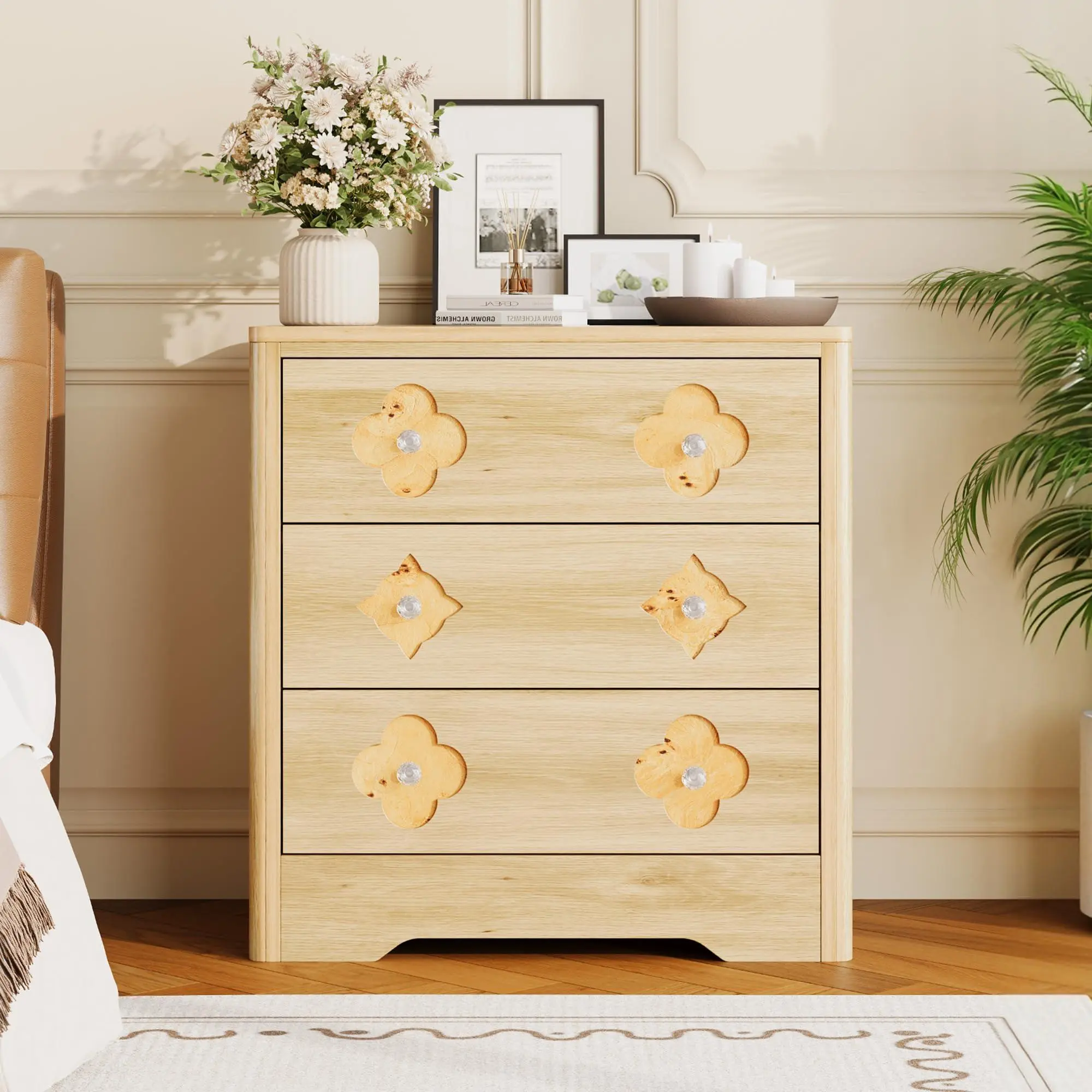 Modern Wood Dresser - 3 Drawer Engineered Wood Storage Unit (31.5x15.7x30.4"), Space Saving Bedroom Organizer with Smooth Gliding Drawers, Decorative Fronts, Crystal Knobs