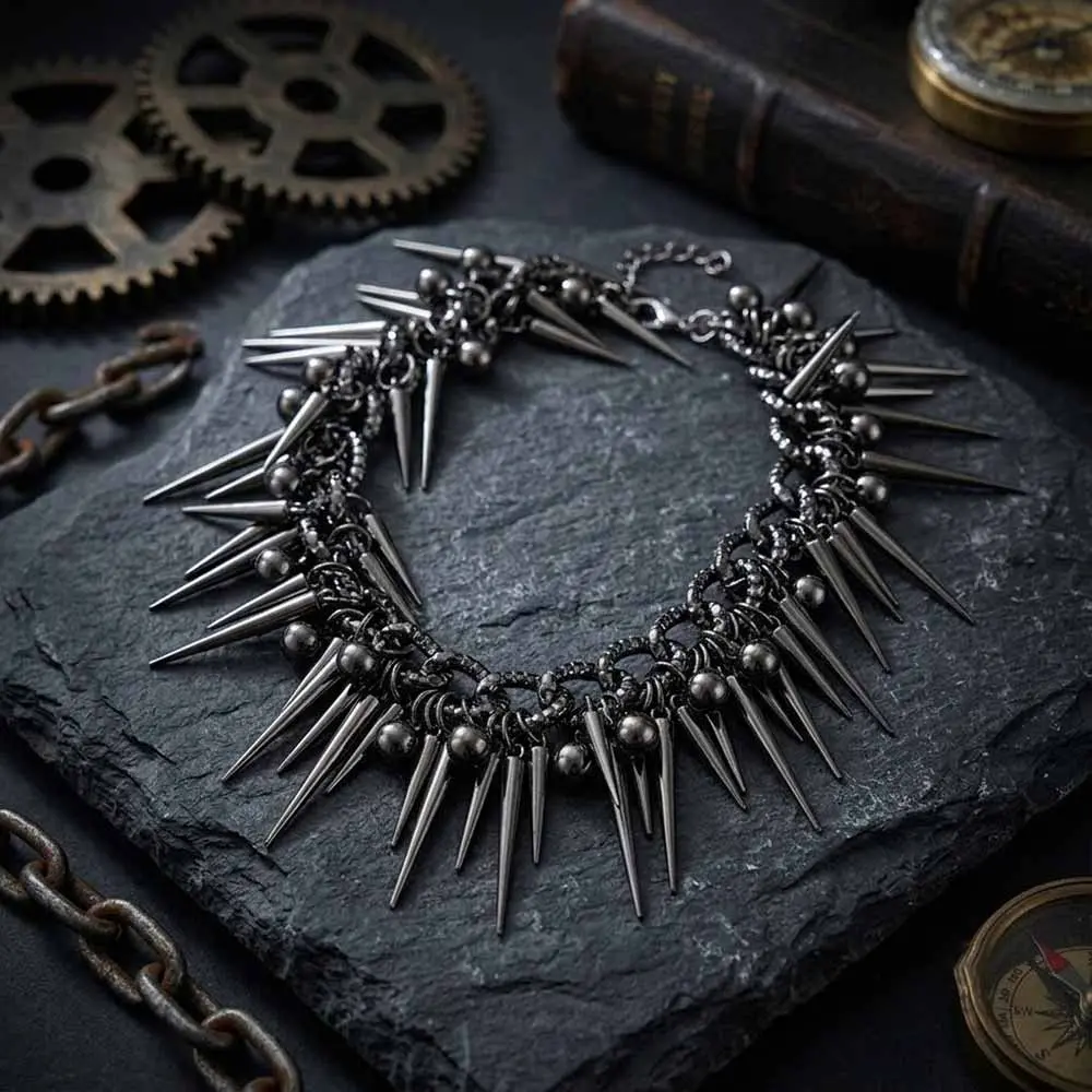 GTHIC Vintage Punk Y2K Clavicle Chain Featuring Sharp Rivet Spikes Cool Statement Alloy Neck Ornament Cosplay Events & Casual Urban Matching Looks