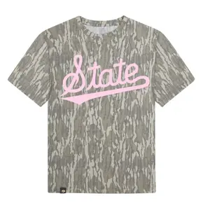 Pink State Letter Printing Original Bottomland Pattern Mossy Oak Washed Out Camo Tee, Mossy Oak Pink State Letter Printing Original Bottomland Short Sleeve Camo Shirt