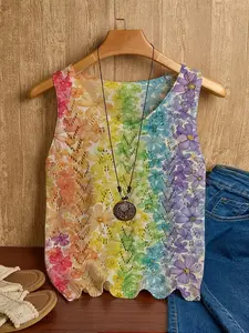 New Summer Rainbow Gradient Floral Print V-Neck Cut Out Knit Tank Top, Loose Fit Sleeveless Upper for Women, Fashionable and Versatile