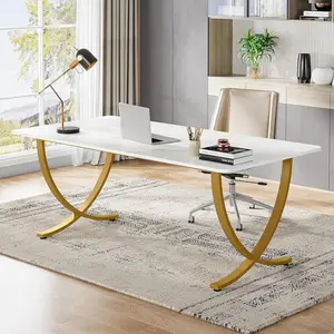 Tribesigns Executive Desk, 63” Large Modern Computer/Conference Table for Home Office, White and Gold Business Furniture