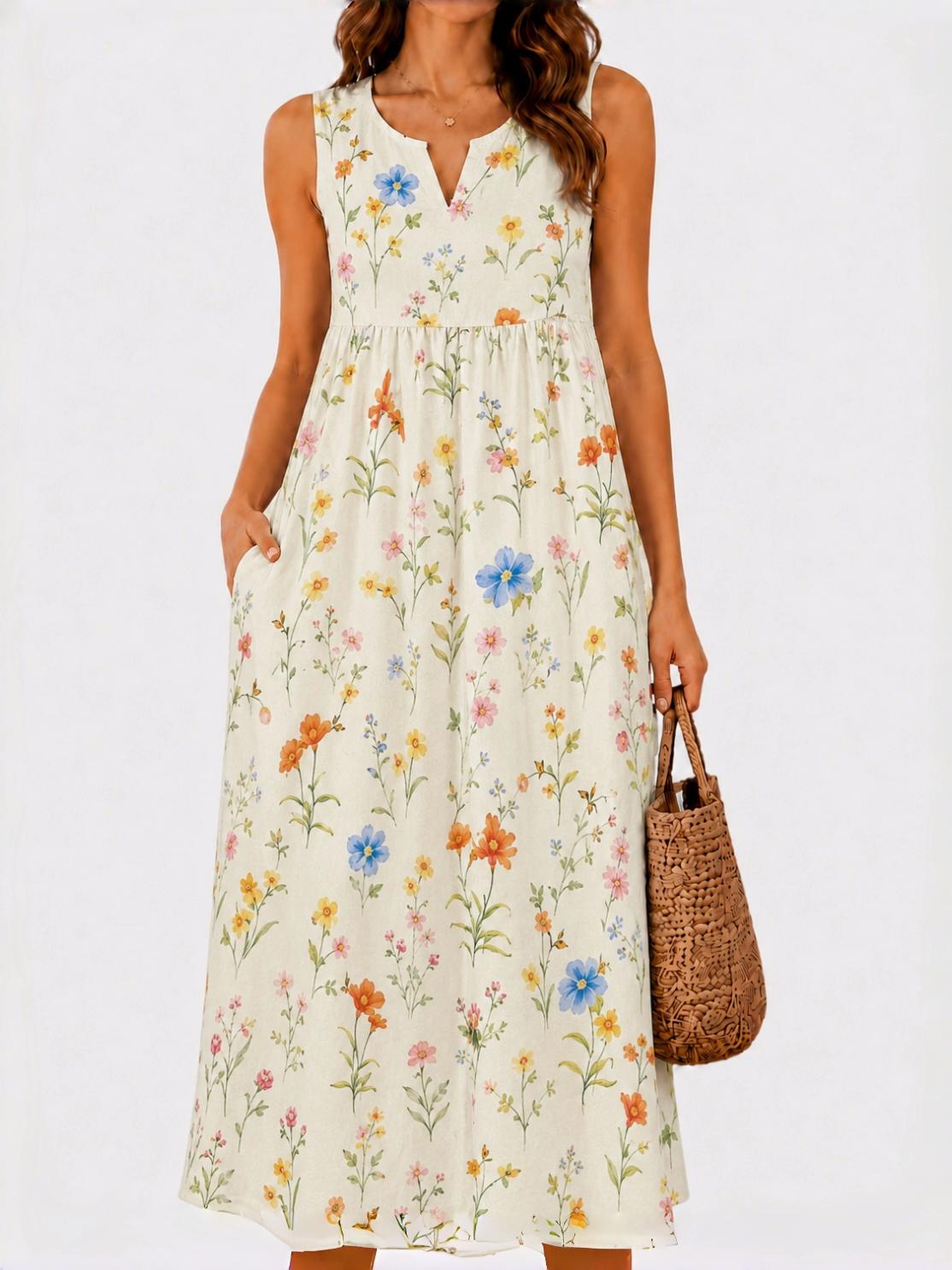 Polka Pockets Long Dress Sleeveless Berry Garden Sleeveless Maxi Dress Casual Summer Vacation Dress Womenswear Fitted Vneck