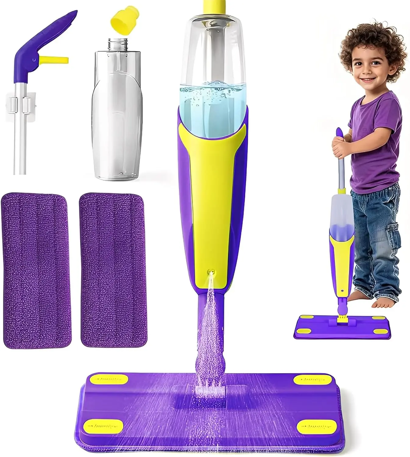 Durable Kids Plastic Spray Housekeeping Playset - Montessori Pretend Play Home Care Accessories for Toddlers (Small Hands-Friendly, Spray Bottle, Chores Learning Tool) with Nozzle, 2 Reusable Washable Mop Pads, Scraper, Kids Spray Mop
