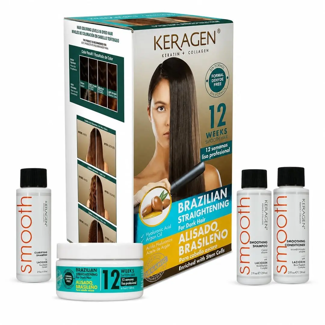 KERAGEN At-Home Keratin Smoothing Treatment Kit - 12-Week Frizz Control, Nourishing, Formaldehyde-Free, Color-Safe Formula for Dark, Coarse Hair, Shiny Hair, Haircare, Organic, Argan Oil, Frizz Free, Anti-Frizz
