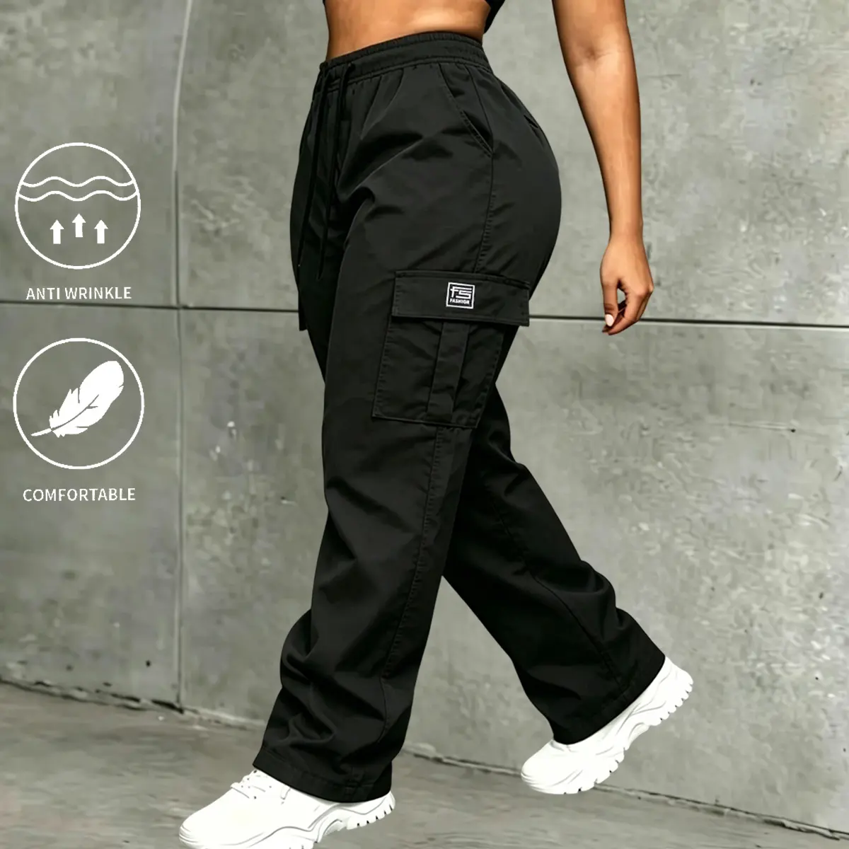 Lady's Preppy Minimalist Basic Mid-Rise Loose Wide-Leg Cargo Bottoms with Large Flap Pockets, Suitable for Casual Outings, Sports, All-Seasons Wear, Trouser, Fashion Apparel