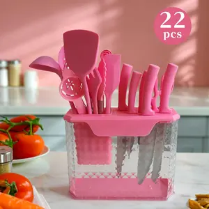 22 piece kitchen utensil set, silicone cooking utensil set, transparent set box for draining water, stainless steel sharp chef knife set for cutting, knife holder set with brush and spoon (pink/green/blue/black/red)