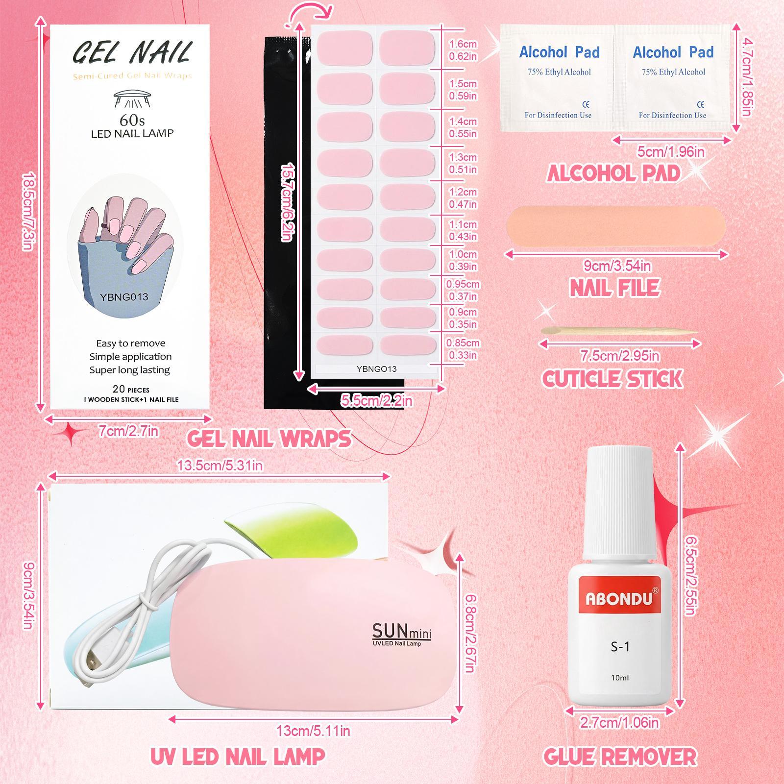 Semi Cured Gel Nail Strips Set (N Cream Pink Set) - Pink, Solid, Works with Any UV/LED Lamps, Salon-Quality, Long Lasting, Easy to Apply & Remove - Includes 2 Prep Pads, Nail File & Wooden Stick, UV Lamp and Mini Remover
