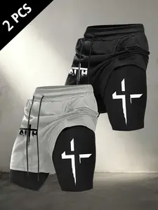 Men's Cross & FAITH Print 2-in-1 Fake Two-Piece Shorts, 2-Pack Compression Lined Gym Shorts, Streetwear Athletic Shorts, Fashionable Summer Shorts