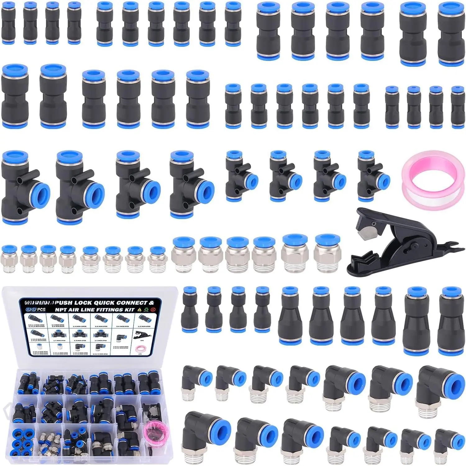 80 count Quick Connect Air Line Fittings Kit Pneumatic Push Lock Air Fittings 1/8",1/4",3/8",1/2" Push to Connect & NPT Thread Air Hose Fittings Quick Release Airline Fitting Kit