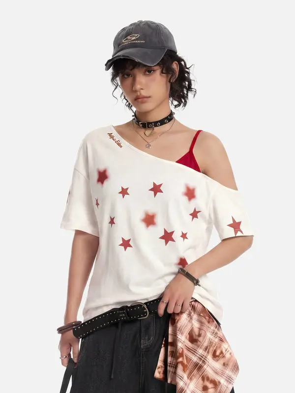 Aelfric Eden Star Graphic Off The Shoulder Tee Y2K Retro Oversized Fit Star Print Streetwear Top Summer Casual,back to school,back to school shopping,clothes for back to school,first day of school outfits