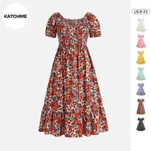 【Plus Size】KatchMe Women's Airy Allover Floral Print Scoop Neck Short Sleeve Pleated Maxi Dress, Summer Blossom Dress, Elegant Women's Clothing for Beach