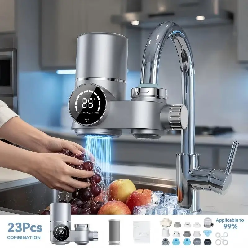 23-Piece Faucet-Mounted Water Filter Replacement Cartridge Set, Dual-Head Switch, Temperature Display, 264-Gal Capacity, Reduces Lead, Chlorine & Heavy Metal Contamination