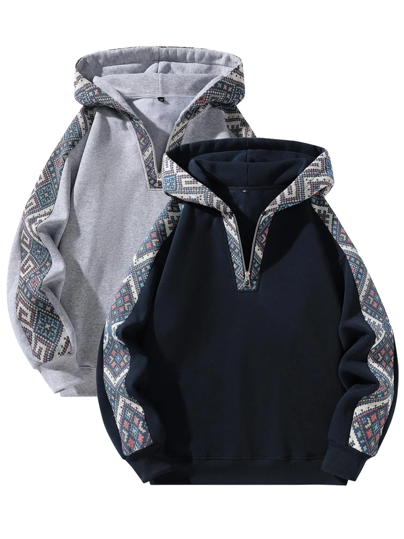 Men's Ethnic Style Hoodies Set, 2-Piece Patchwork Design, Casual Long Sleeve Pullover Sweatshirts, Fall & Winter Fashion