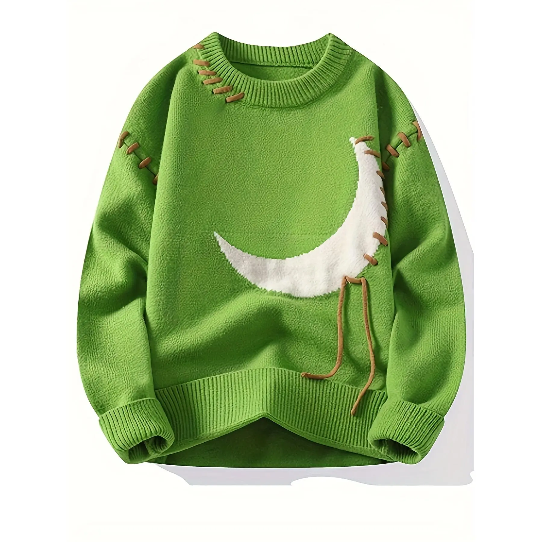 Men's Trendy Crescent Moon Ripped Sweater - Cozy Acrylic Blend, Casual Round Neck, Long Sleeve, Warm Knit Pullover for Fall and Winter, Cozy Clothing | Trendy Sweater | Unique Craftsmanship, Knit Sweater