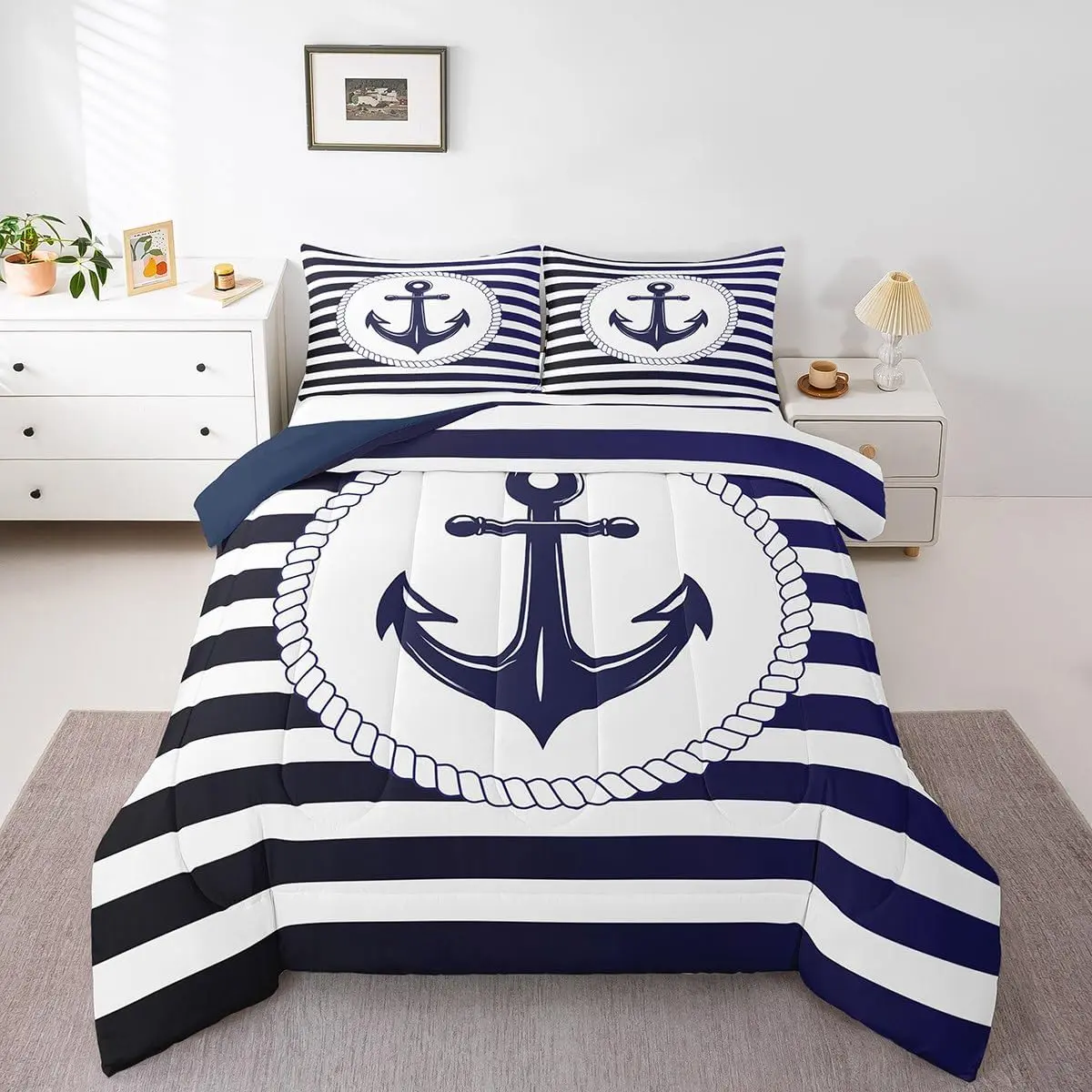 Feelyou Microfiber Striped Bedding Set - Nautical Navy Anchor Print, Geometric Blue Stripes, Retro Decorative Bedding Quilt Bed Cover, Soft Polyester Fiber, Travel-Ready Multi-Size Linens, Bed Cover Set