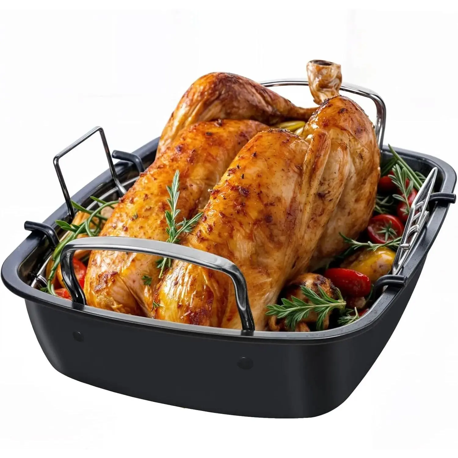 Nonstick Aluminized Steel Roasting Pan with Rack - 17.2 x 13.4 Inches, Exceptional Heat Distribution, Wide Sturdy Handles, Corrosion Resistant, Ideal for Thanksgiving Holiday Feasts (Silver), Even Cooking