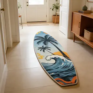 Surfboard shaped wave shaped carpet, Home Decorative Area Rug, blue orange contrasting plush floor mat, bedroom bedside anti slip and wear-resistant foot mat, summer atmosphere decorative mat suitable for ins/vacation style home decoration