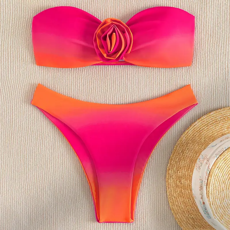 Women's 2-Piece Bandeau Bikini Set - Strapless Floral Gradient Padded Swimsuit Top, High-Elasticity Bikini Outfits for Swimming, Female Multi-Size Swimsuit for Women