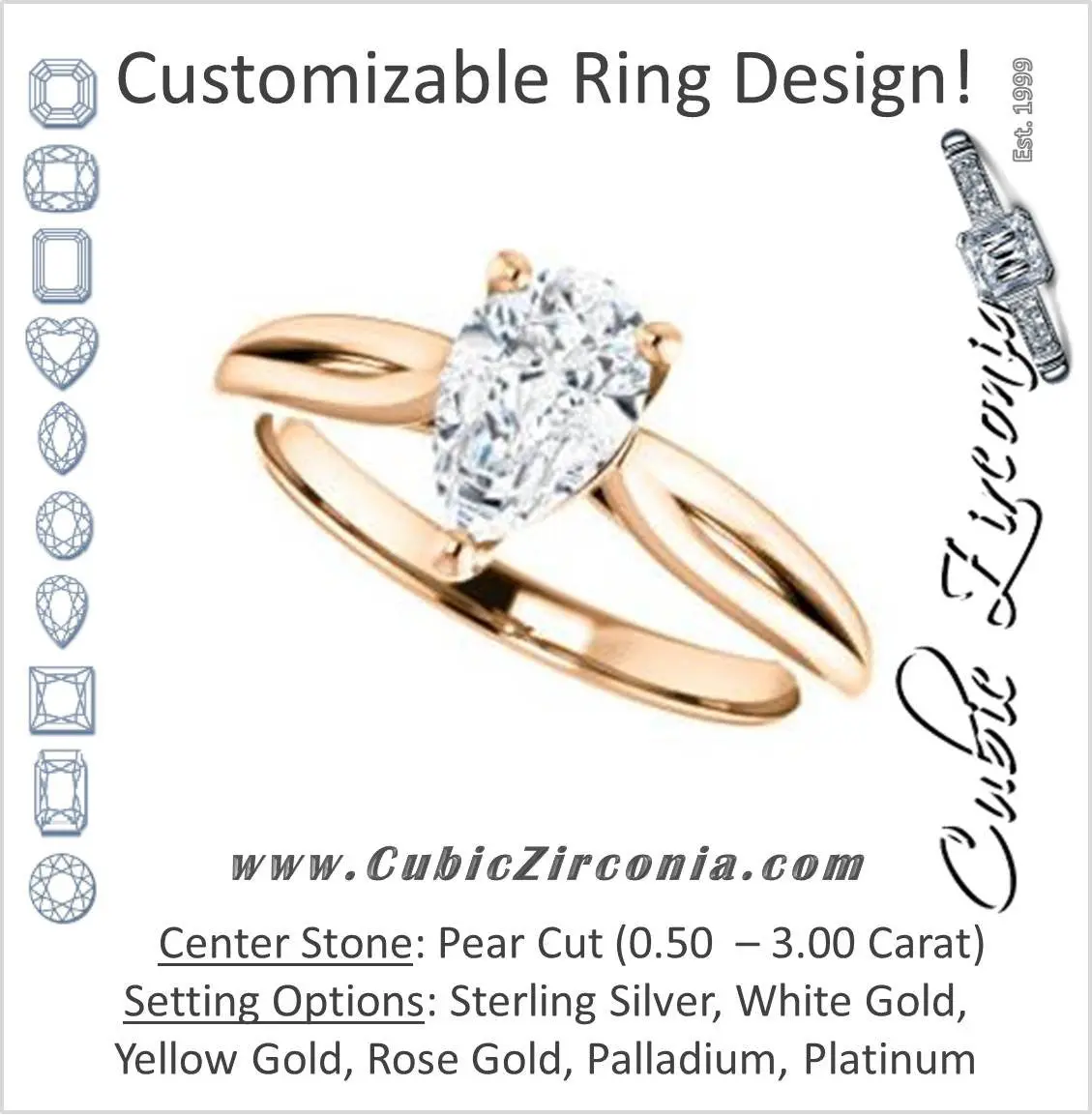 Cubic Zirconia Engagement Ring- The Viola (Customizable Pear Cut Solitaire with Curving Tapered Split Band)