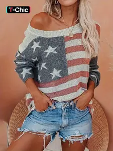 Women's Flag Print Drop Shoulder Crew Neck Knit Top, Casual Longsleeves Round Neck Knitwear Fit for Spring & Fall, Fashion Ladies' Knit Clothing for Daily Wear