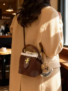Mini Autumn Winter High-Quality Faux Fur Patchwork Bucket Bag, Korean Style Handbag Shoulder Crossbody Bag, New Arrival Fashion Accessory