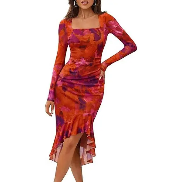 MEROKEETY Women's Long Sleeve Fall Wedding Guest Dress Elegant Classy Bodycon Square Neck Mesh Cocktail Midi Dresses