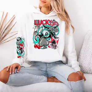 Lucky Girl Gildan hooded Sweatshirt with Sleeve design unisex sizing womenswear comfortable soft Casual Pullover Tops Fabric Pocket Spandex Cotton hoodie