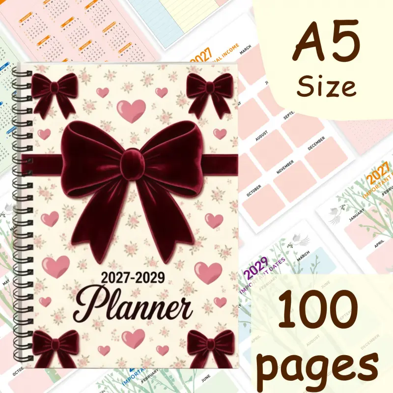 1 Piece Large Bow Decor 2027-2029 Monthly Calendar Planner - 36-Month Academic & Personal Schedule Organizer, Includes Weekly Planner and To-Do List, Pink and Green Cover Design - Weekly Planning Notebook for Organization and Management (Unbound)