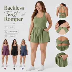 Backless Twist Romper for Women with Built-In Shorts, NO BRA, Side Pockets, Soft Stretch Sleeveless 2-in-1 Summer Resort Romper for Casual, Sport & Vacation Wear, summer hairstyles, outdoor furniture set, 4th of july outfits