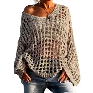 Seya Women's Casual V-Neck Long Sleeve Loose-Fit Knit Top - Hollow-Out Polyester Fabric, Hand Washable, All-Season Style, Flounce Sleeves, Festival Vibe, Outdoor Cover-Up for Beach, Daily Wear Sheer Mesh Crochet Poncho