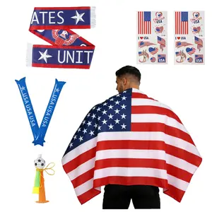 7-Piece 2026 Gear Fan Set - American Flag Wave Cape Costume, Includes Flag Cape, Soccer Scarf, Stickers, Horn, Thunder Sticks for Viewing Parties & Fan Gifts