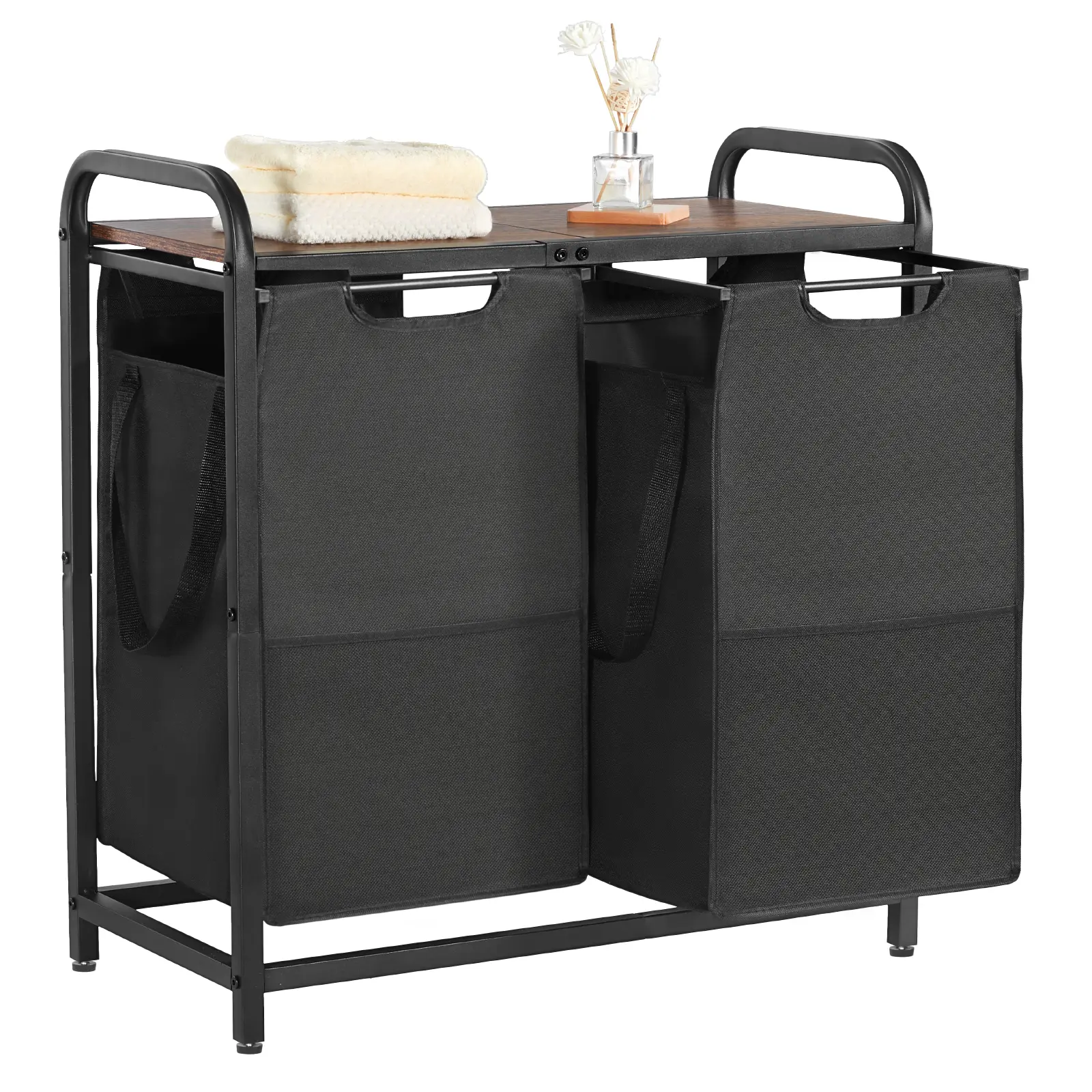 VEVOR 2-Section Rectangular Rolling Waterproof Hamper, Durable Laundry Baskets with Carbon Steel Frame, Wooden Tabletop, Pull-Out 600D Oxford Cloth Bags & Pockets, Adjustable Feet, Ironing Function (Father's Day Gift Option) for Laundry Room Organiser