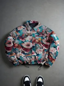 Vintage Ditsy Floral Embroidered Jacket, Button Front Chest Pocket, Polyester Unisex Street Style Outerwear, Spring & Fall Fashion