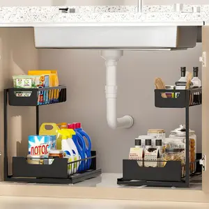 Kitchen sink storage box and storage pull-out 2-layer metal bathroom cabinet storage box (black, 2-piece set)