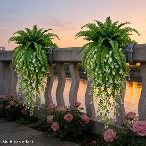 4-Piece Decorative Synthetic Boston Fern & Camellia Artificial Wall Hanging Set, No-Maintenance Balcony & Farmhouse Outdoor Plants, Front Porch Decor, Wedding Gifting