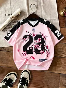 Men's Oversize Cherry Blossom Print Jersey, Sports T Shirt, Sporty T Shirt, Japanese Aesthetic Streetwear Top, Summer Street Style Clothing, Casual Sports Tops, Casual Sportswear