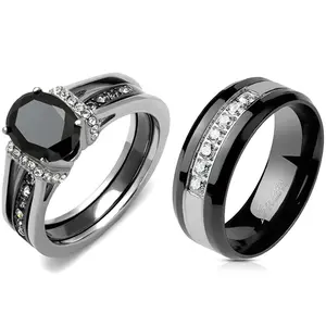 Couple Ring Set Womens Black Oval CZ Promise Ring Mens 7 CZs Wedding Band, Engagement Rings, Statement Rings, Marriage Ring