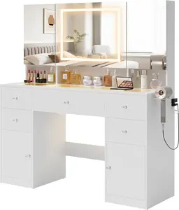 Furmax 47" Vanity Desk with LED Lighted Mirror, Makeup Vanity Table with Hidden Storage Behind Mirror, Space-Saving Dressing Table with Glass Top, 5 Drawers & 2 Cabinets, 3 Color Lighting Modes, Built-in Power Outlet & Hair Dryer Holder, White