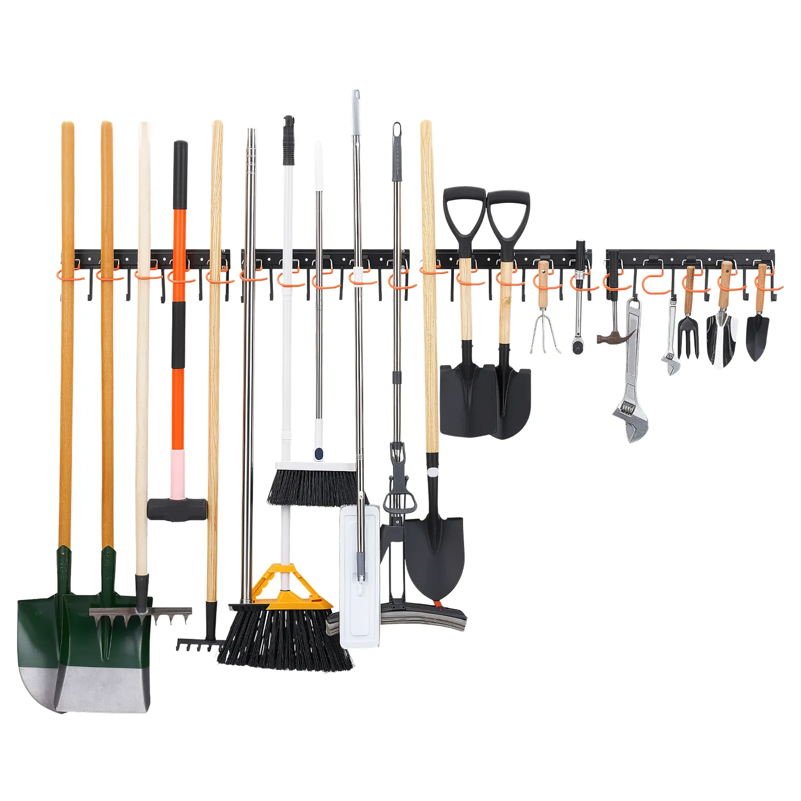 VEVOR Garage Tool Organizer 68 Inch 450 lbs Wall Mount Garden Tool Rack, Heavy Duty Hanging Storage Organization, 4 Rails with 24 Fixed L-Hooks, 20 Adjustable S-Hooks, for Yard Tools, Shovel, Shed