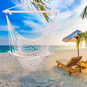Cream Beige Hanging Portable Tree Hammock Chair - 35" Wide Cotton Rope Swing with Wooden Bar for Indoor Bedroom, Reading Nook & Outdoor Patio Use durable canvas fabric single hammock